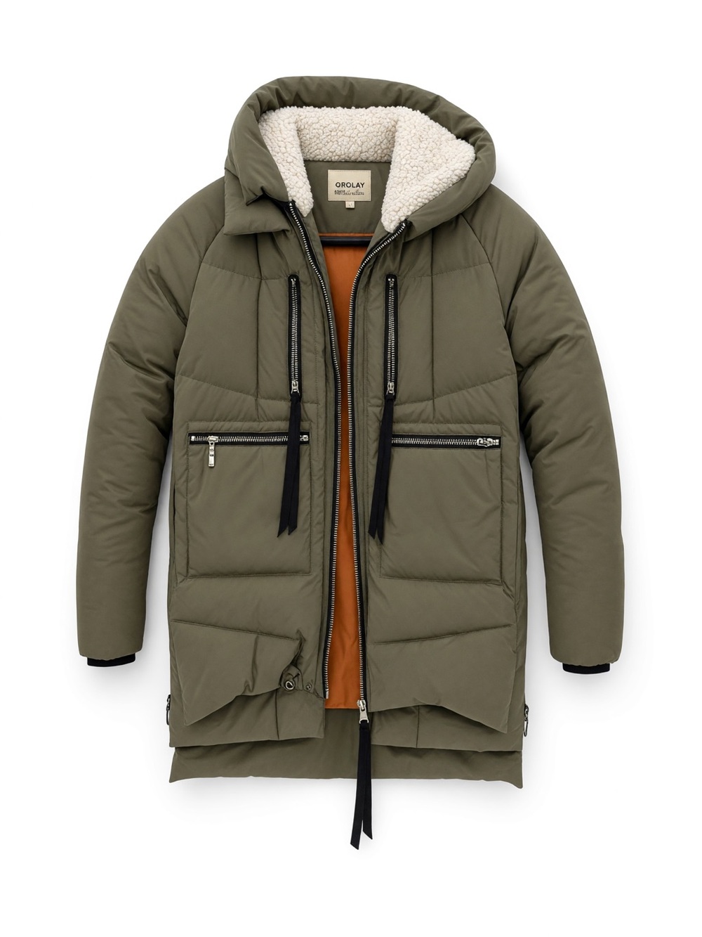 Orolay Olive Green Down Puffer Coat Sherpa Lined Hood Women’s Small